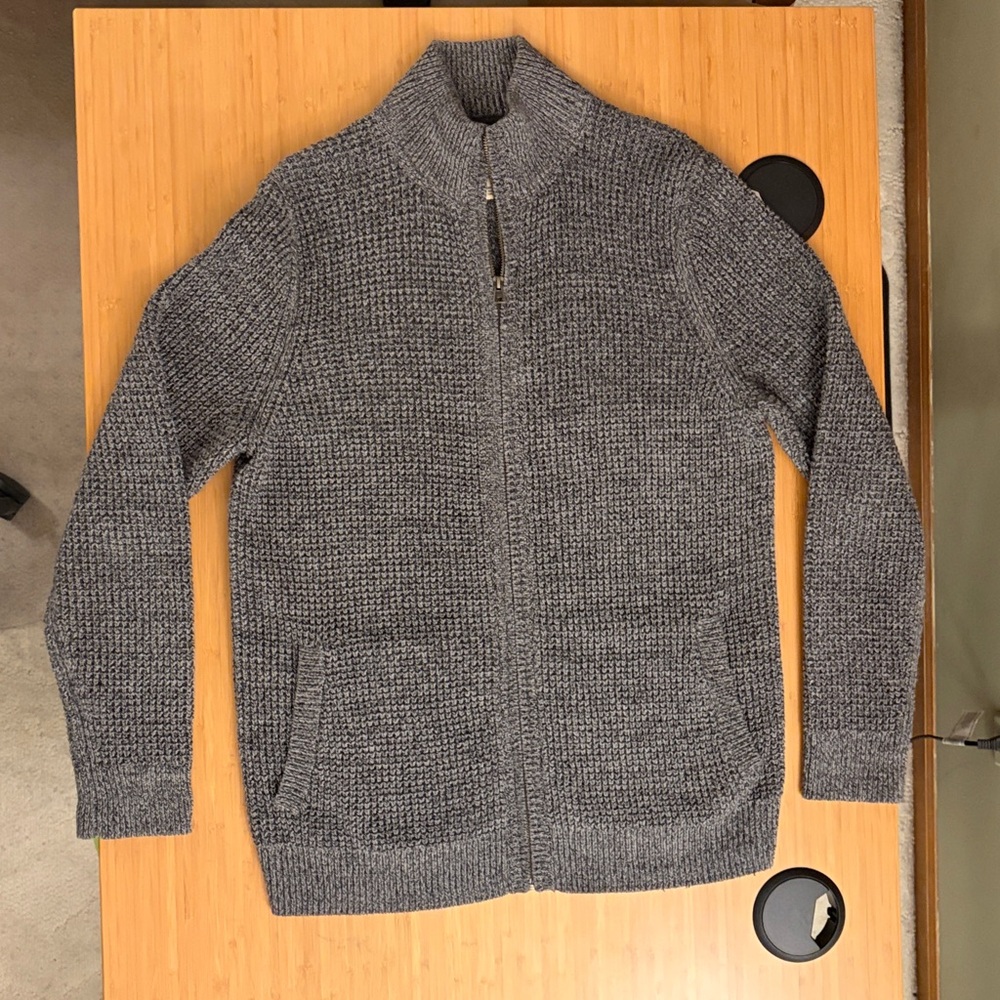 LL Bean Full-Zip Cotton Waffle Knit Sweater - Mens Size M Tall - Dark Cinder